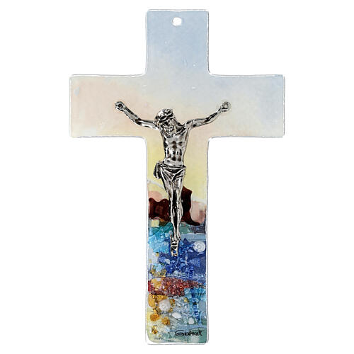 Crucifix verre Murano 16 cm multicolore fleurs blanches silhouette Naples 1
