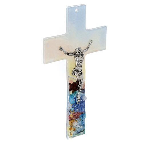 Crucifix verre Murano 16 cm multicolore fleurs blanches silhouette Naples 2