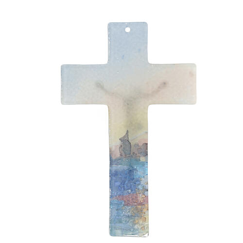 Crucifix verre Murano 16 cm multicolore fleurs blanches silhouette Naples 3