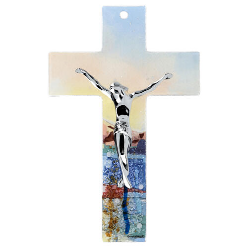 Murano glass crucifix, 10 in, multicoloured with flowers and Naples 1