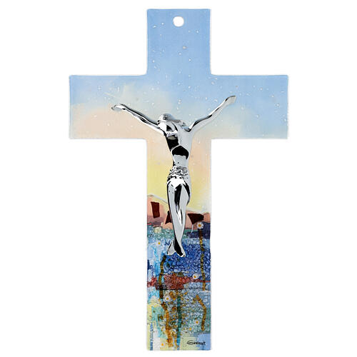 Crucifix verre Murano 35 cm multicolore fleurs Naples 1