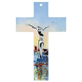 Crucifixo vidro de Murano multicolor 34 cm flores brancas e Nápole