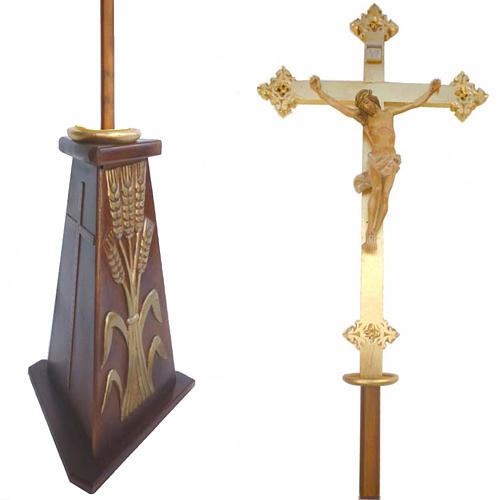 Croix procession bois h 220 cm avec base symbole épis 1