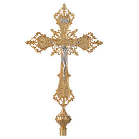 Cruz procesional latón decorado dorado con Cuerpo de Cristo plateado
