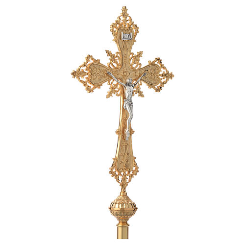 Cruz procesional latón decorado dorado con Cuerpo de Cristo plateado 2