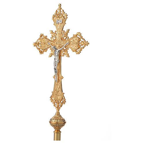 Cruz procesional latón decorado dorado con Cuerpo de Cristo plateado 3