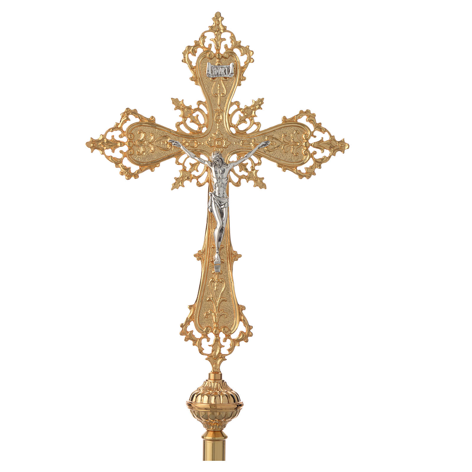 Processional Cross In Golden Decorated Brass With Silver Body Online Sales On Holyart Com