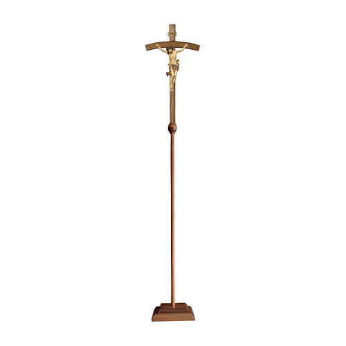 Processional cross in natural wood, Leonardo crucifix and curved cross with pure gold finish 1