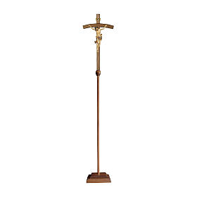 Processional cross in natural wood, Leonardo crucifix and curved cross with pure gold finish