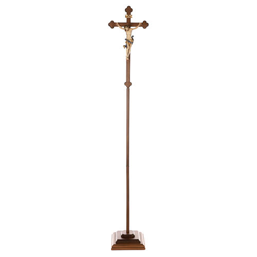 Cruz de Procissão com Base Madeira modelo Leonardo Crucifixo pintado estilo Barroco brunido 3