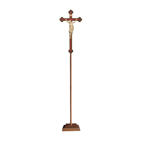 Vortragekreuz mit Basis, Modell Leonardo, Corpus Christi aus Naturholz, Barockkreuz mit Antik-Finish und Goldrand 1