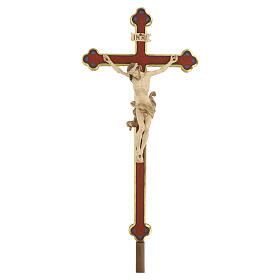 Vortragekreuz mit Basis, Modell Leonardo, Corpus Christi 3 x gebeizt, Barockkreuz mit Antik-Finish und Goldrand