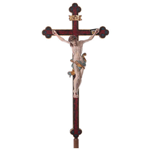 Vortragekreuz mit Basis, Modell Leonardo, Corpus Christi farbig gefasst, Barockkreuz mit Antik-Finish und Goldrand 1