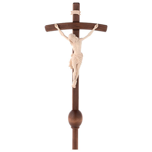 Processional cross with base in natural wood, Siena-type Crucifix and curved cross 1