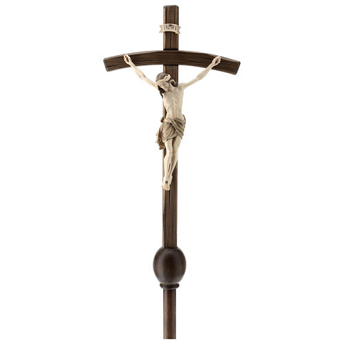 Processional cross with base in burnished wood, Siena-type Crucifix and curved cross 1