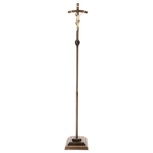 Processional cross with base in burnished wood, Siena-type Crucifix and curved cross 2