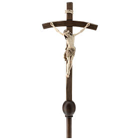 Processional cross with base in burnished wood, Siena-type Crucifix and curved cross
