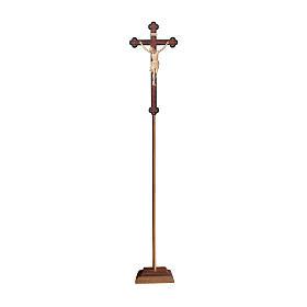 Processional cross with base in natural wood, Siena-type Crucifix and baroque cross