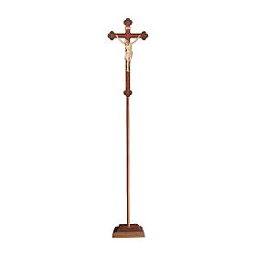 Vortragekreuz mit Basis, Modell Siena, Corpus Christi aus Naturholz, Barockkreuz mit Antik-Finish und Goldrand