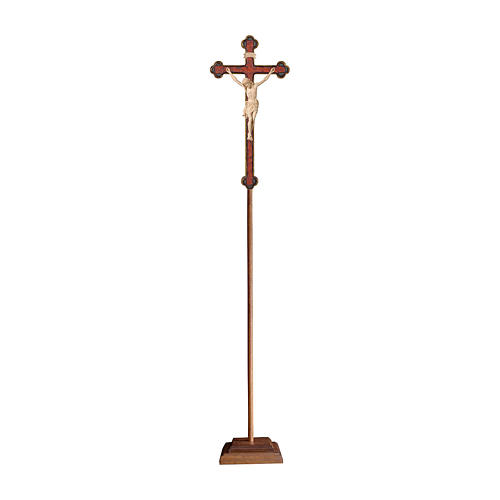 Vortragekreuz mit Basis, Modell Siena, Corpus Christi aus Naturholz, Barockkreuz mit Antik-Finish und Goldrand 1