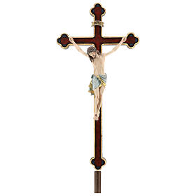 Vortragekreuz mit Basis, Modell Siena, Corpus Christi farbig gefasst, Details in Echtgold, Barockkreuz mit Antik-Finish und Goldrand