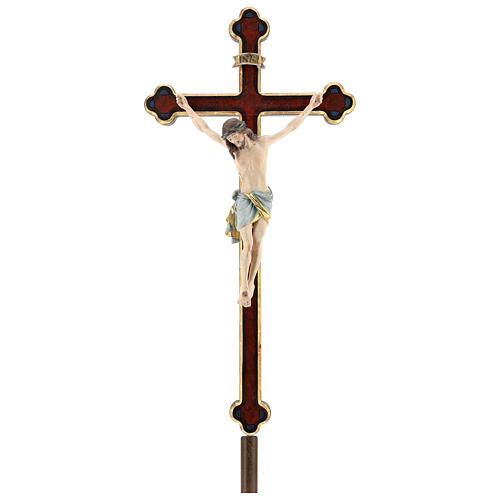 Vortragekreuz mit Basis, Modell Siena, Corpus Christi farbig gefasst, Details in Echtgold, Barockkreuz mit Antik-Finish und Goldrand 1