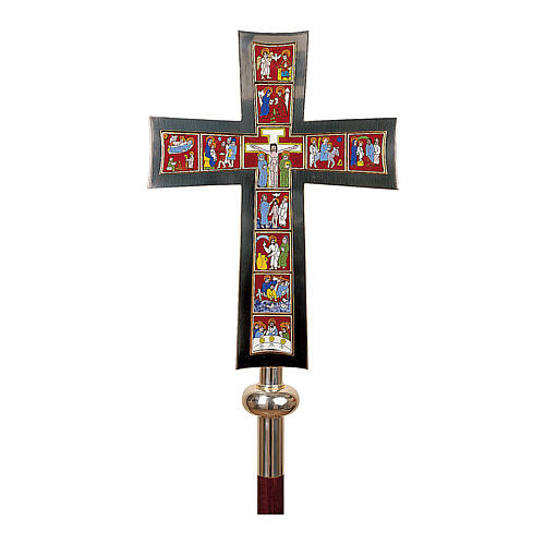 Krzyż procesyjny Molina Życie Chrystusa emaliowany mosiądz posrebrzany 6