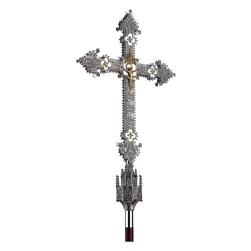 Krzyż procesyjny Molina styl gotycki bogaty filigran mosiądz posrebrzany 1