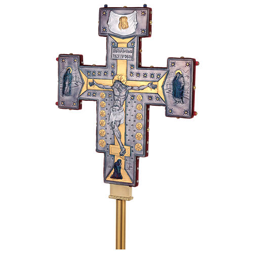 Processional cross in the Byzantine style, Crucifixion and Our Lady, chiseled copper, 21x17 in 6