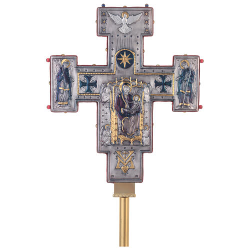 Processional cross in the Byzantine style, Crucifixion and Our Lady, chiseled copper, 21x17 in 8