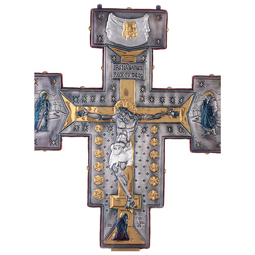 Croix de procession style byzantin cuivre ciselé Crucifixion et Vierge 55x45 cm 2