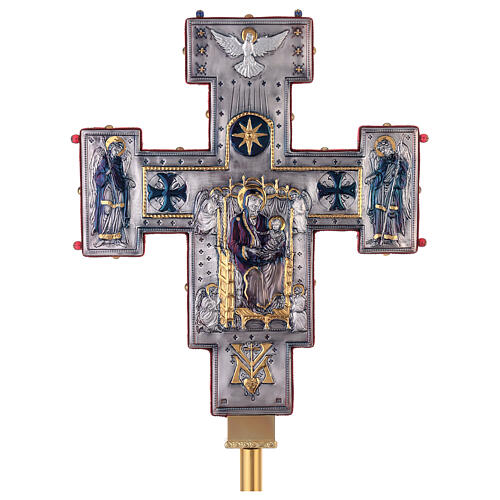 Croix de procession style byzantin cuivre ciselé Crucifixion et Vierge 55x45 cm 3