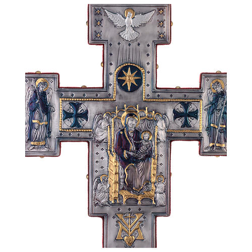 Croix de procession style byzantin cuivre ciselé Crucifixion et Vierge 55x45 cm 5