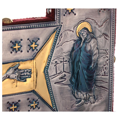 Croix de procession style byzantin cuivre ciselé Crucifixion et Vierge 55x45 cm 9