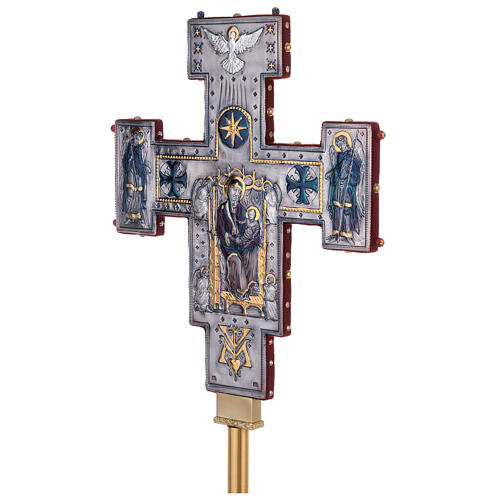 Croix de procession style byzantin cuivre ciselé Crucifixion et Vierge 55x45 cm 12