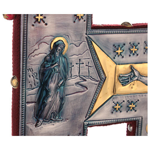 Croix de procession style byzantin cuivre ciselé Crucifixion et Vierge 55x45 cm 14