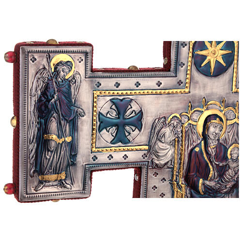 Croix de procession style byzantin cuivre ciselé Crucifixion et Vierge 55x45 cm 20