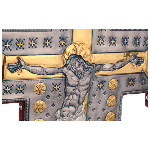 Cruz de procissão estilo bizantino cobre cinzelado Nossa Senhora Crucificação 55x45 cm 4
