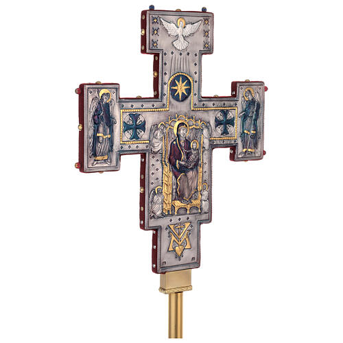 Cruz de procissão estilo bizantino cobre cinzelado Nossa Senhora Crucificação 55x45 cm 13