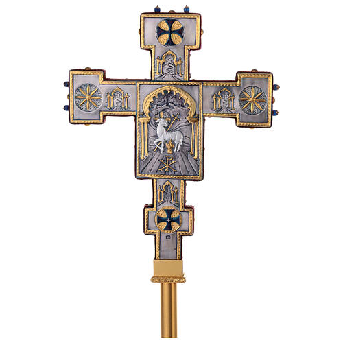 Cruz de procissão cobre estilo bizantino Crucificação e cordeiro 45x35 cm 3