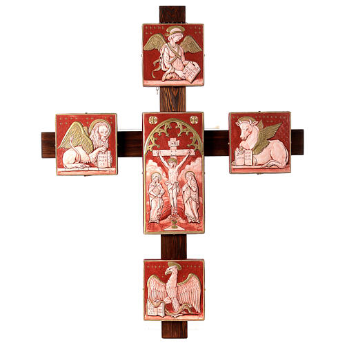 Kreuz aus Fichtenholz, großformatig, mit Gipsreliefs der Evangelisten und zentraler Kreuzigung – 130 × 100 cm 1