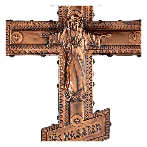 Croix de procession orthodoxe cuivre Marie et Crucifixion 45x25 cm 10