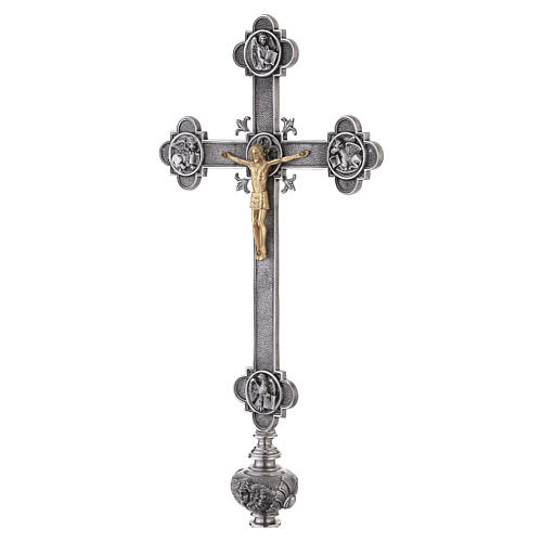 Cruz processional com Cristo e os Quatro Evangelistas base em metal acabamento prateado 240 cm 5