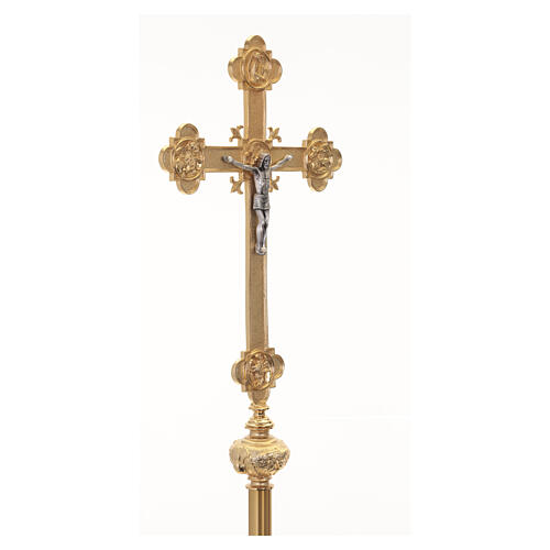Processional cross with Christ and Four Evangelists, Baroque style with gilded metal base, 95 in 7