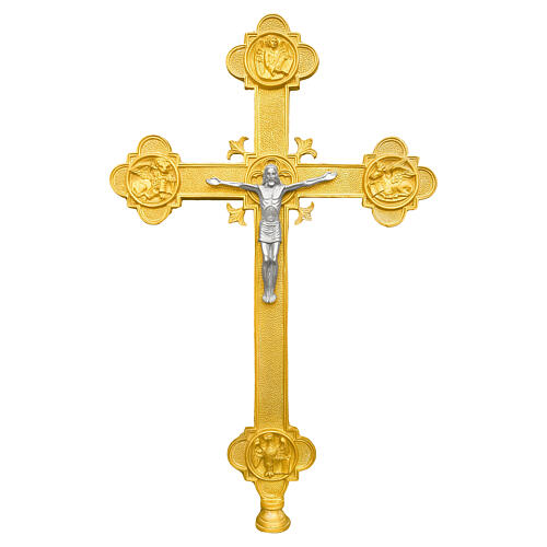 Croix de procession Christ et quatre évangélistes sur base métallique dorée 240 cm 1