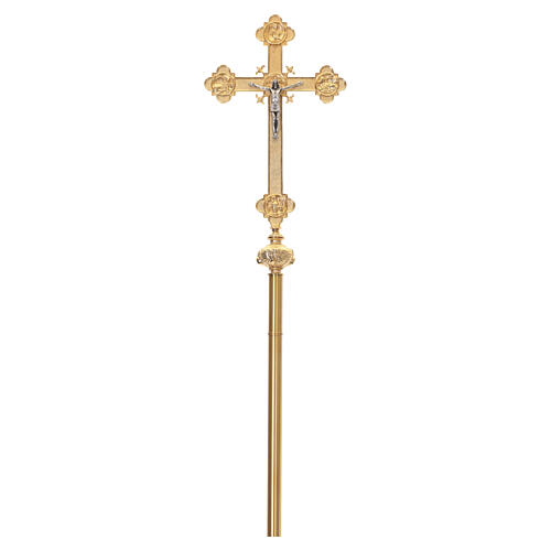 Croix de procession Christ et quatre évangélistes sur base métallique dorée 240 cm 6