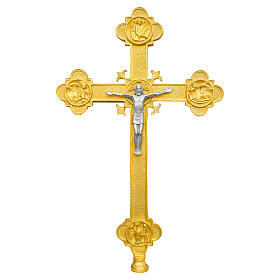 Cruz procissão com Cristo e os quatro evangelistas base em metal com acabamento dourado 240 cm