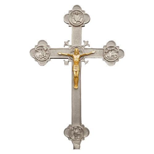 Croix processionnelle Christ et quatre évangélistes base en marbre finition argentée 240 cm 1