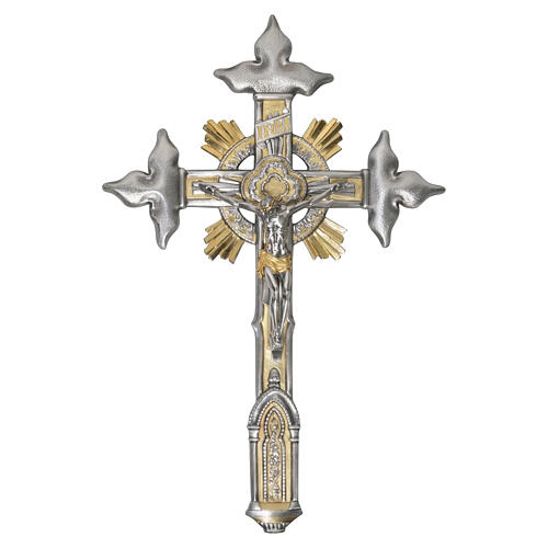 Bicolor brass wall crucifix with trefoil ends and rays, 45x30 cm 1