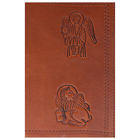 Einband fűr Stundengebet (4 Bände) aus braunem Leder mit Evangelisten